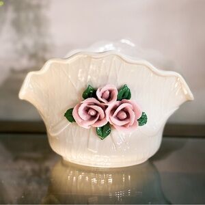 Shabby Chic White Ceramic Flower Basket, Pink Hand-Applied Roses